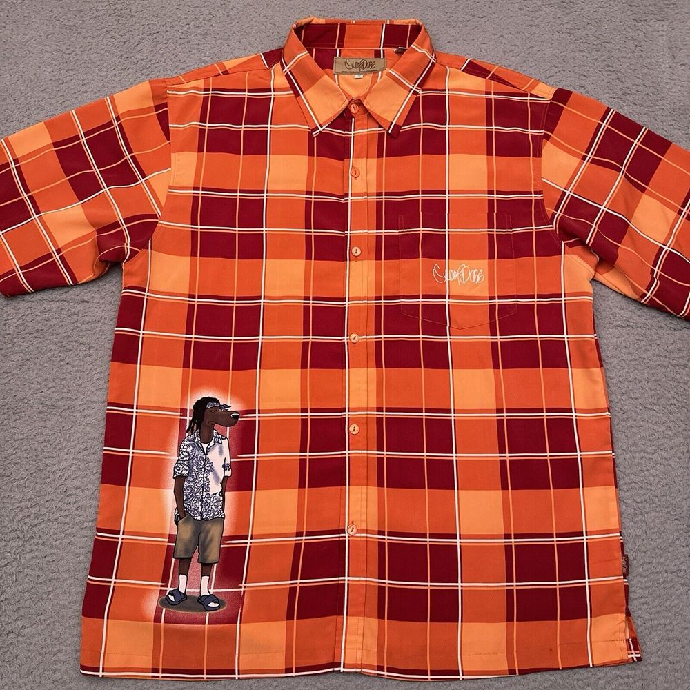 Snoop Dogg Clothing Company Button Down Shirt Men's Large Orange Plaid Rap‎ Tee